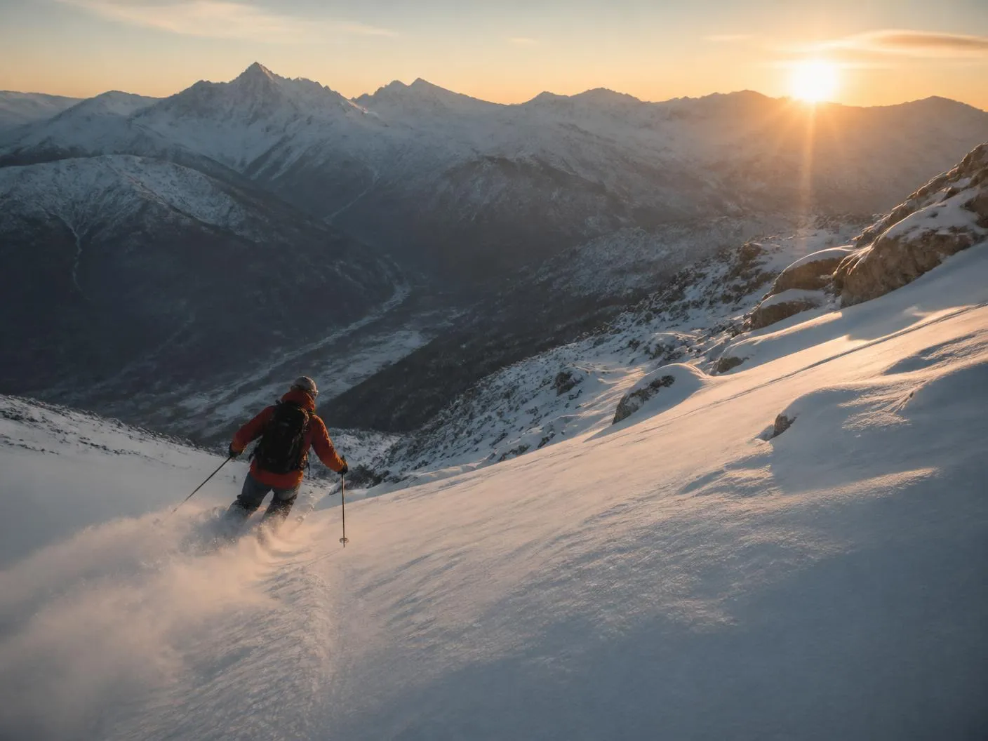 Insurance: a skier in fresh powder, at sunrise