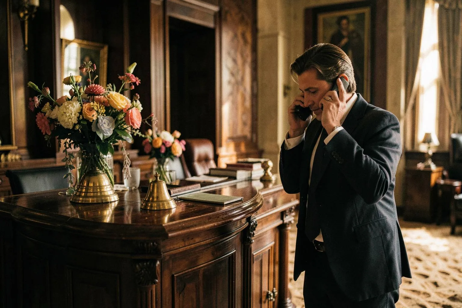 Concierge: a concierge on the phone behind his desk, a bouquet and a reception bell