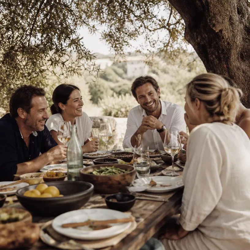 Wealth management: lunch with friends in the shade of an olive tree
