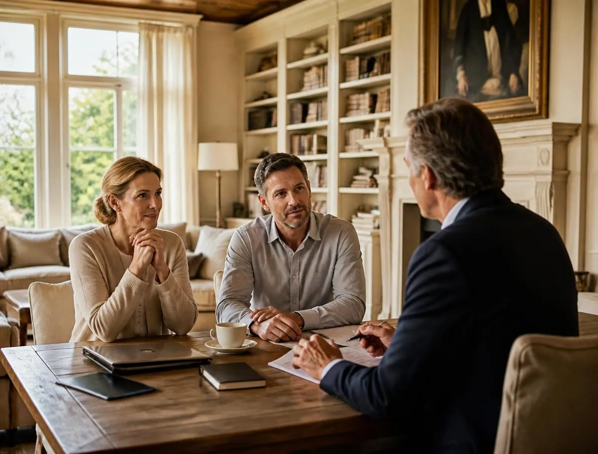 At your home: an adviser received by a couple, in their library